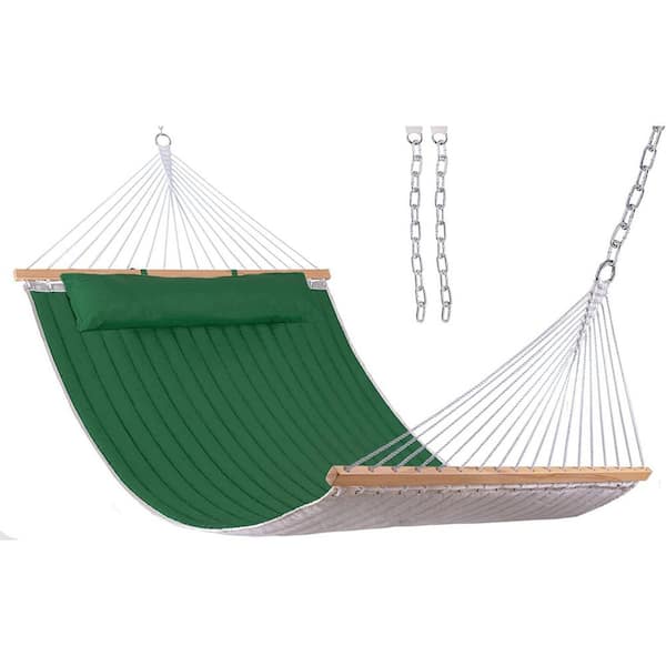Unbranded 12 ft. 2 Person Quilted Fabric Hammock with Spreader Bar, Pillow and Chains (Dark Green)