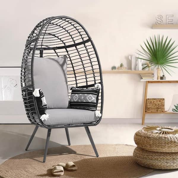 Yangming Outdoor 1-Person Wicker Rattan Egg Swing Chair without Stand, Porch Swing Foldable Hammock Chair for Bedroom, Light Gray