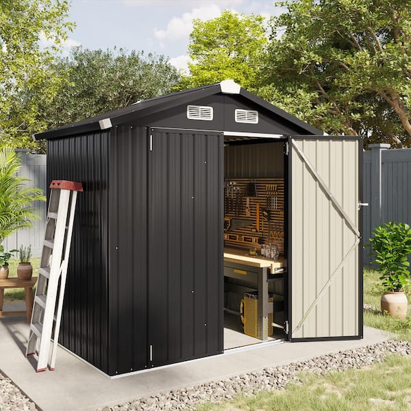Outdoor 6 ft. W x 4 ft. D Metal Tool Shed Storage Shed with Lockable Double Door and Vent for Patio, Black (24 sq. ft. )