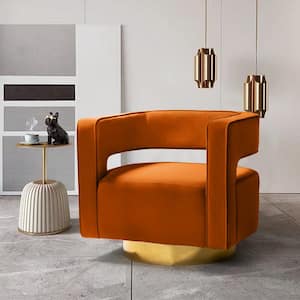Gustaf Contemporary Velvet Orange Comfy Swivel Barrel Chair with Open Back and Metal Base