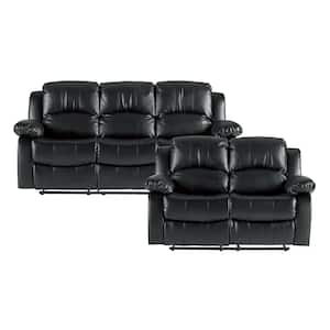 Bianca 83 in. W. Pillow Top Arm Faux Leather Rectangle 2-Piece Manual Reclining Sofa Set in Black