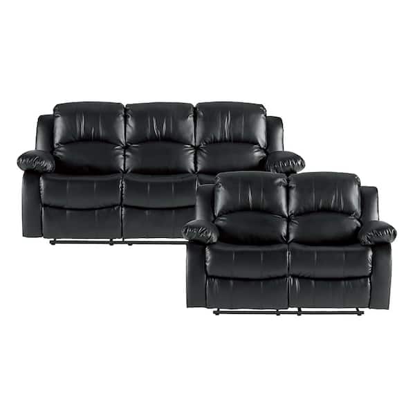 Lazzara Bianca 83 in. W. Pillow Top Arm Faux Leather Rectangle 2-Piece Manual Reclining Sofa Set in Black