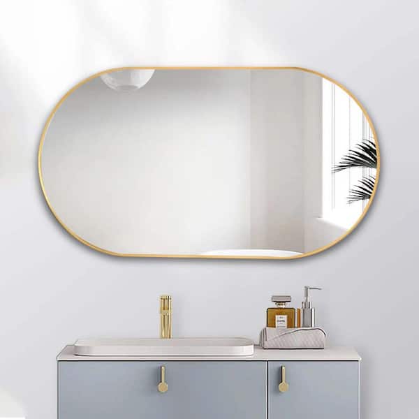Seafuloy 18 in. W x 36 in. H Gold Metal Framed Oval Bathroom Mirror Vanity Wall Mounted Mirror and Hooks for Vertical Horizontal