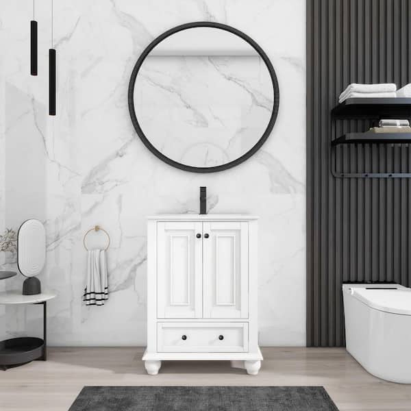 eclife 24 in. W. x 18.1 in. D x 34 in. H 1-Sink Freestanding Bath Vanity in White with White Ceramic Top and Drain Faucet Set
