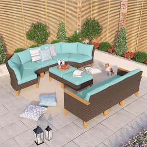 Brown Rattan Wicker 10 Seat 10-Piece Steel Patio Outdoor Sectional Set with Blue Cushions
