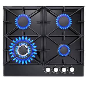 24 in. 4-Burners Recessed Black Gas Cooktop in Stainless Steel with NG/LPG Convertible, Thermocouple Protection