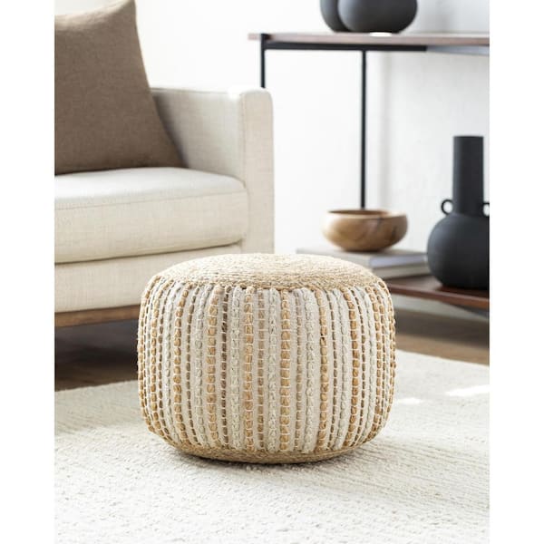 Livabliss Genova Beige/Multi Cottage 18 in. L x 18 in. W x 14 in. H Jute Pouf