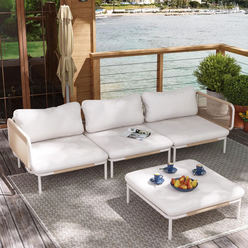 White 4-Piece Patio Sofa Set All-weather Metal Outdoor Sectional Set with Beige Cushions