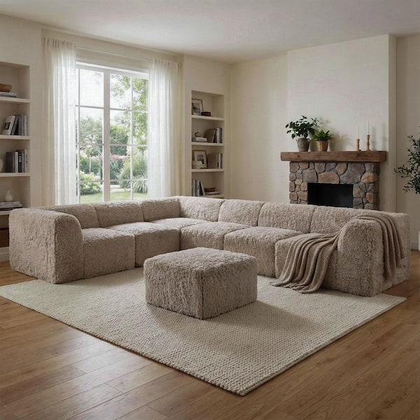 Getty 134 in. Track Arm 7-Piece Faux Fur Fabric L-Shaped Modular Compressed Sectional Sofa with Ottoman in. Taupe