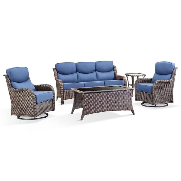 JHXL 5-Piece Outdoor Brown Wicker Patio Conversation Set Swivel Rocking Chair with Blue Cushions