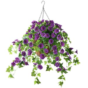 38 in. Purple Artificial Morning Glories Hanging Flowers in Basket