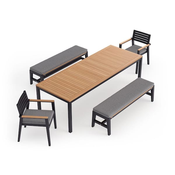 NewAge Products Rhodes 5 Piece Aluminum Outdoor Patio Dining Set in Cast Slate Cushions with 96 in. Table & Bench