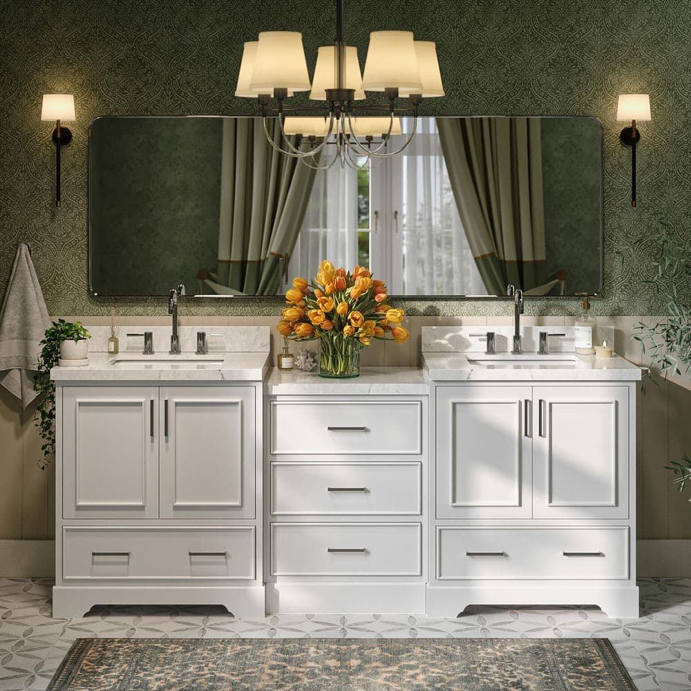 Stafford 84 in. Double Sink Freestanding Bathroom Vanity in White with Carrara White Quartz Top price history on PriceWatchPro