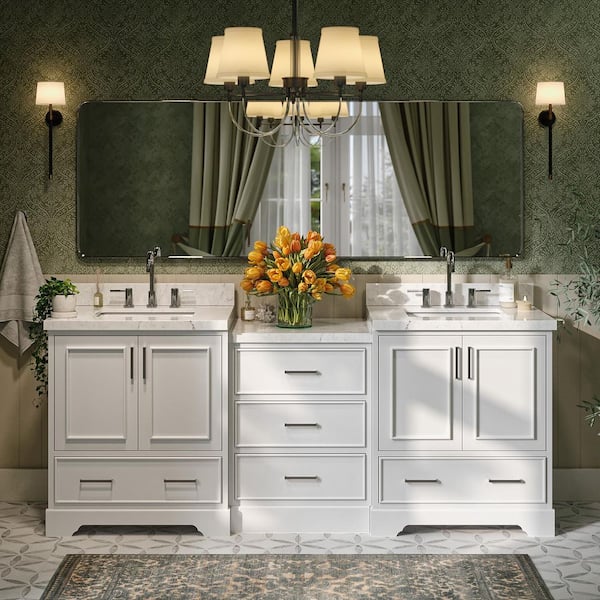 Stafford 85 in. W x 22 in. D x 36 in. H Double Sink Bath Vanity in White with Carrara White Quartz Top