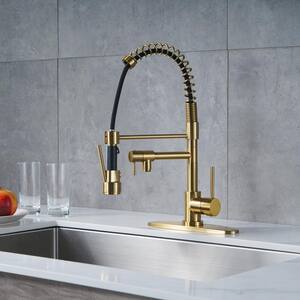 2-Spout Single Handle Pull Down Sprayer Kitchen Faucet with Advanced Spray in Solid Brass Brushed Gold