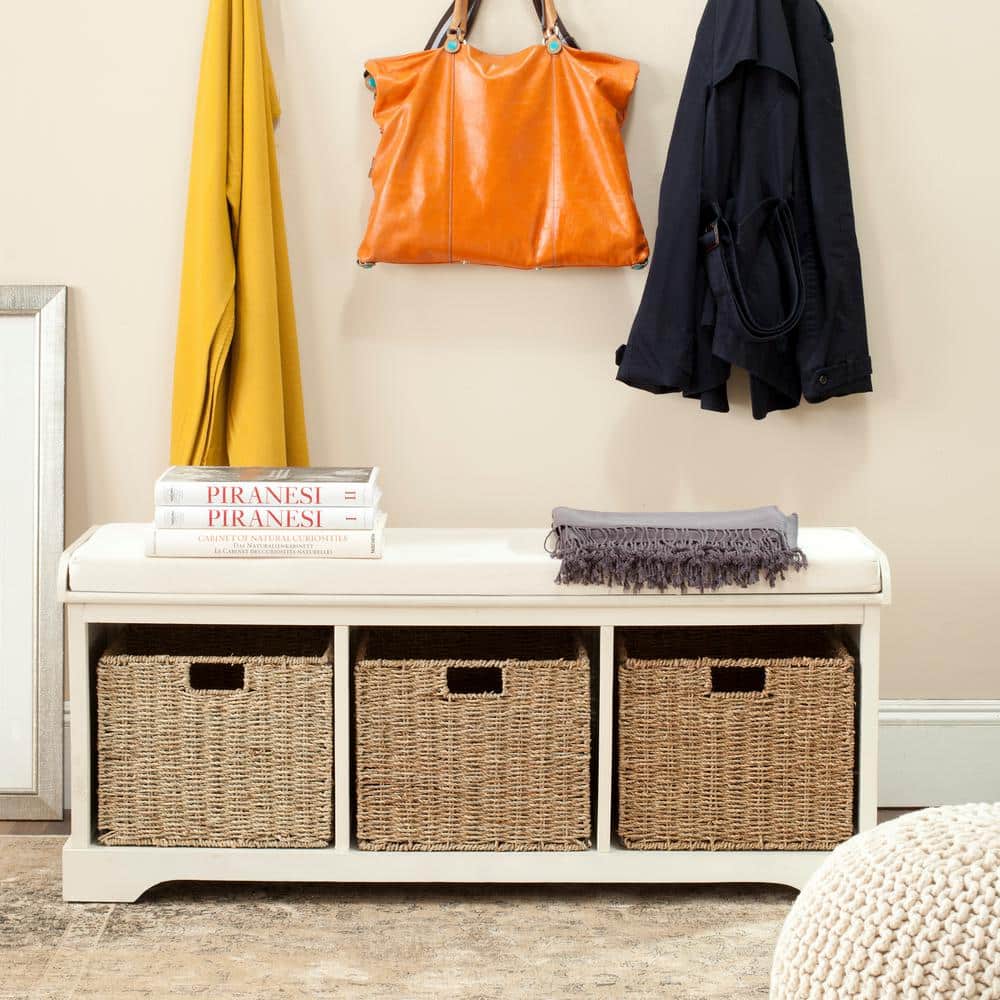 White Pine Storage Bench with Wicker Baskets and Cushion