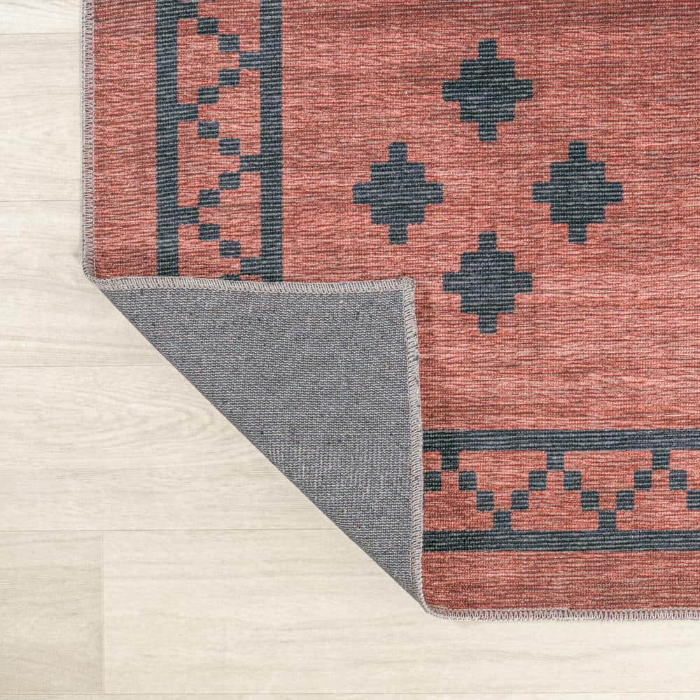 Korsa Red and Dark Gray Geometric 9' x 12' Washable Area Rug