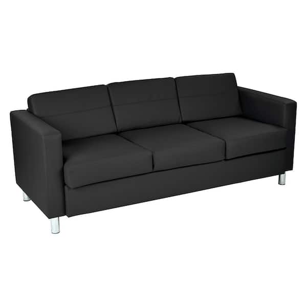 OSP Home Furnishings Pacific 72.5 in. Black Faux Leather 3-Seater Lawson Sofa with Removable Cushions