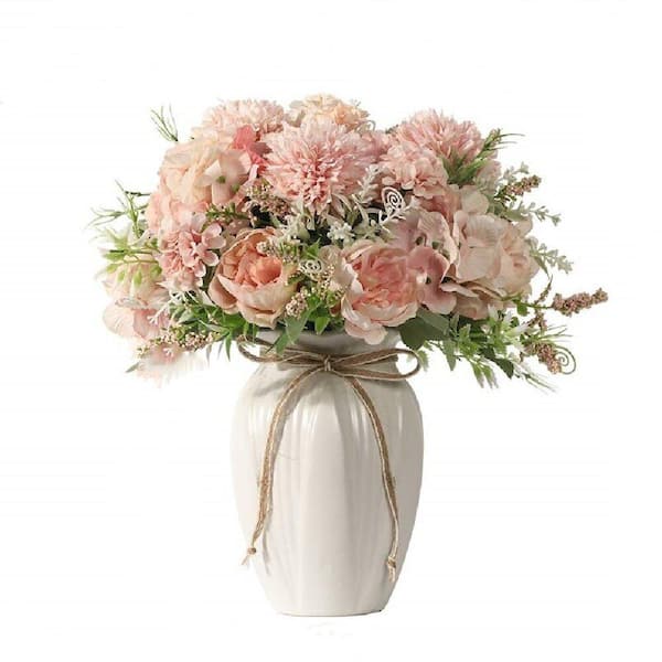 Unbranded 11.4 in. H Pink Artificial Fake Flowers with Vase, Decor Fake Hydrangea Silk Peony Flower Bouquet