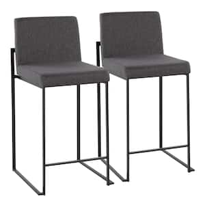 Fuji 35.5 in. Charcoal Fabric and Black Steel High Back Counter Height Bar Stool (Set of 2)