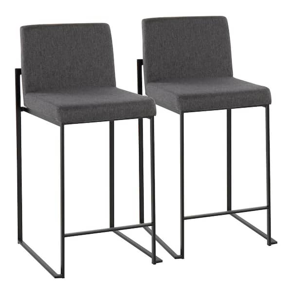 Lumisource Fuji 35.5 in. Charcoal Fabric and Black Steel High Back Counter Height Bar Stool (Set of 2)