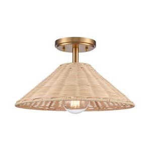 River 14 in. W 1-Light Brushed Gold Semi Flush Mount with Rattan Shade