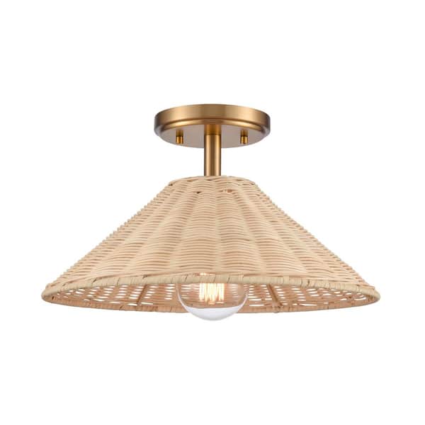 Titan Lighting River 14 in. W 1-Light Brushed Gold Semi Flush Mount with Rattan Shade