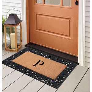A1HC Floral Pattern Black 18 in. x 30 in. Rubber and Coir Outdoor Entrance Durable Monogrammed P Door Mat
