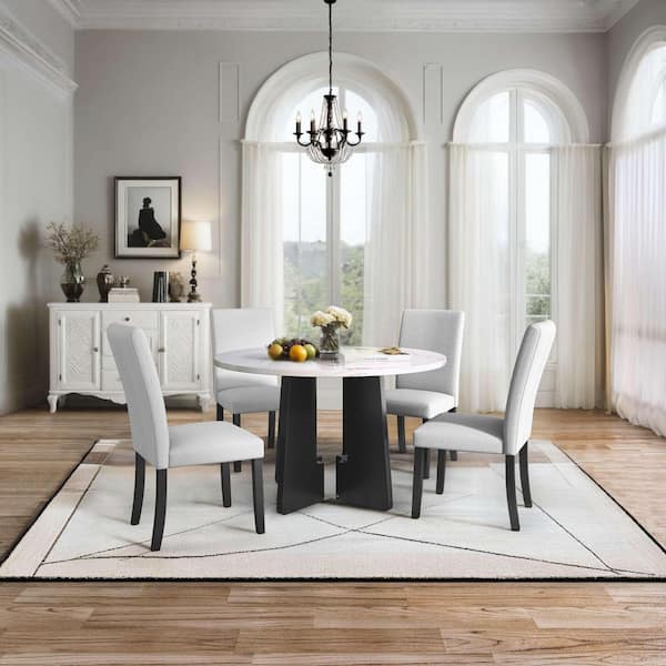 5-Piece Round Beige/White Wood Top Dining Table Set Seats 4 with 4 Upholstered Chairs