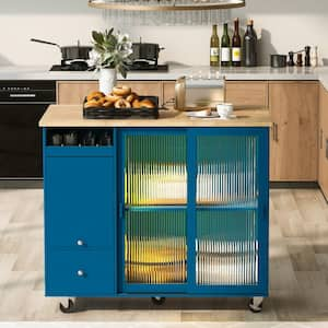 Blue Wood 44.1 in. Kitchen Island with Drop Leaf LED Light Cart on Wheels with an Adjustable Shelf and 2-Drawers