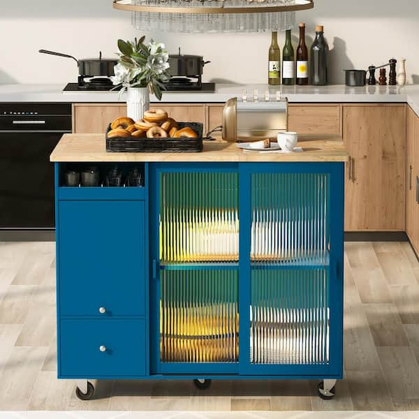 Unbranded Blue Wood 44.1 in. Kitchen Island with Drop Leaf LED Light Cart on Wheels with an Adjustable Shelf and 2-Drawers