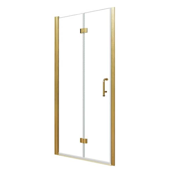 34 in. W x 72 in. H Bifold Semi-Frameless Shower Door in Brushed Gold with 1/4 in. Clear Glass