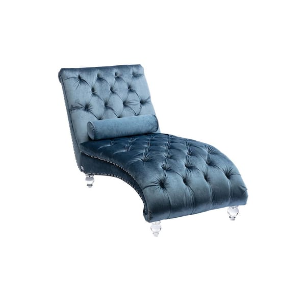Unbranded Light Blue Velvet Upholstered Leisure Armless Button Tufted Concubine Chaise Lounge with Bolster Pillow Acrylic Feet