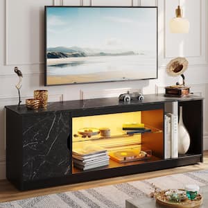 58.3 in. Black Marble Gaming TV Stand for TVs up to 65 in. with Storage Cabinet and LED Lighted Glass Shelves