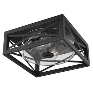 11.8 in. 2-Light Industrial Black Flush Mount Metal Farmhouse Close to Ceiling Light Fixture with Seeded Glass Shade
