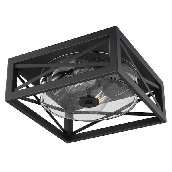 aiwen 11.8 in. 2-Light Industrial Black Flush Mount Metal Farmhouse Close to Ceiling Light Fixture with Seeded Glass Shade