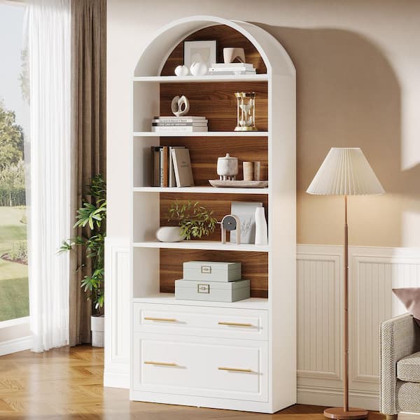 BYBLIGHT Eulas 77 in. Tall White Engineered Wood 5-Shelf Standard Bookcase w/ File Cabinet Drawer, Open Display Storage Bookshelf