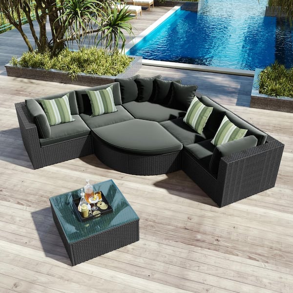 Boosicavelly 7-Piece Black Wicker Outdoor Patio Conversation Set with Gray Cushion and Striped Green Pillows