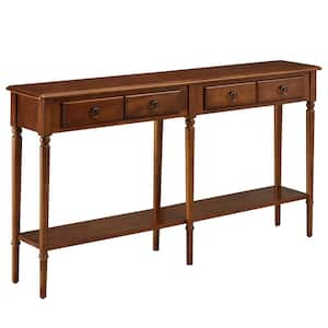 Rich Pecan Brown Pecan Coastal Double Hall Console/Sofa Table with Display Shelf