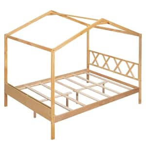 Natural Full Size Wood House Bed with Storage Space