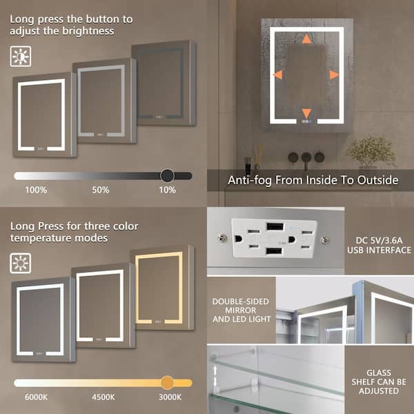 20 in. W x 26 in. H Rectangular Silver Aluminum Recessed/Surface Mount Left Hinge Dimmable Medicine Cabinet with Mirror