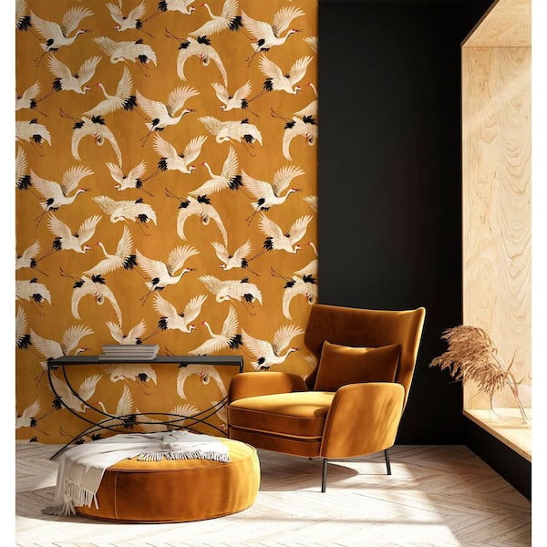 Ochre Cranes in Flight Print Non Woven Non-Pasted Textured Wallpaper 57 sq. ft.