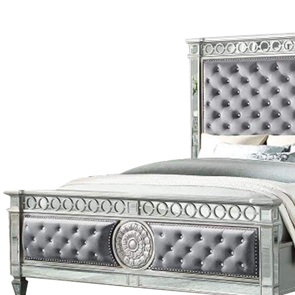 Varian Gray Velvet Upholstered Queen Bed with Mirrored Accents