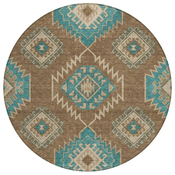 Chantille Machine Washable Indoor/Outdoor Abstract ACN3011 Mocha 8 ft. x 8 ft. Round Rug
