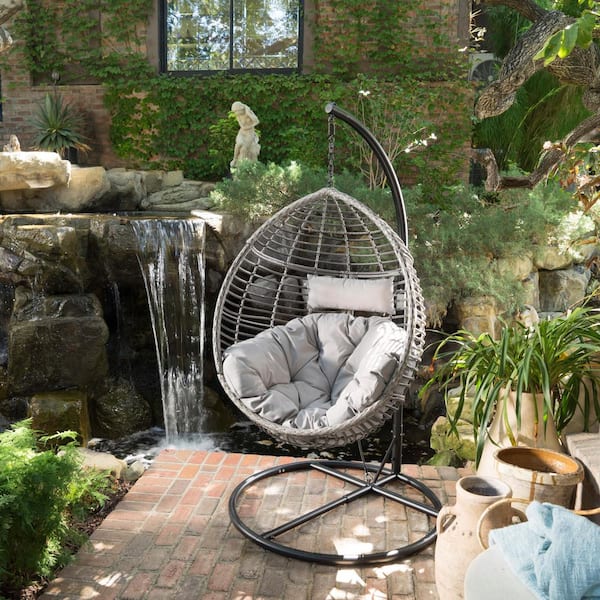 Unbranded Outdoor Patio PE Wicker Hanging Basket with Plush Water-resistant Cushions (Stand Not Included) - Gray