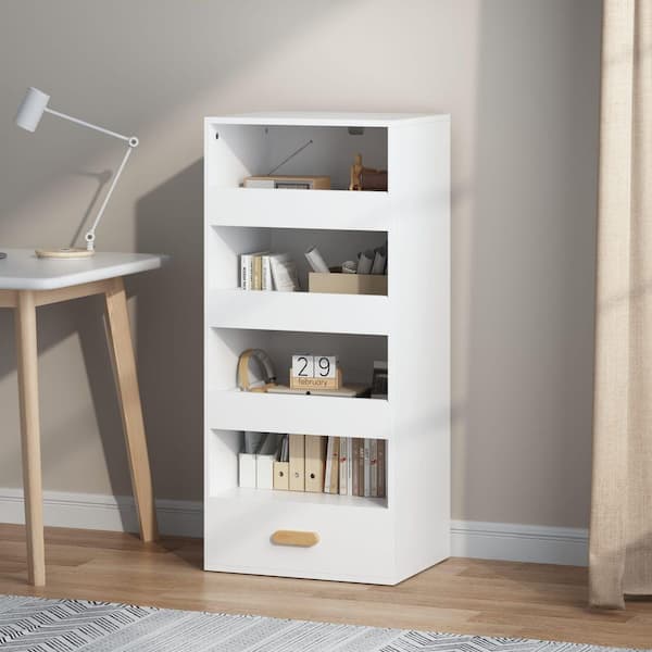 Darcy 42.13 in. Tall White Wood 4-Tie Freestanding Bookcase with 3 Sliding Drawers, Bottom Drawer
