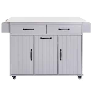Grey Wood 51 in. Kitchen Island with Trash Can, Drop Leaf, Spice Rack, Towel Rack and Drawer on Wheels