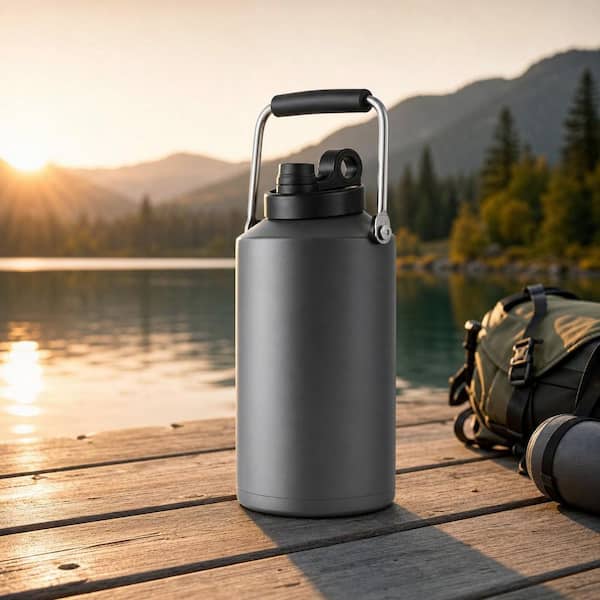 Numhew 128 oz. Gray Stainless Steel Insulated Water Bottle with Handle, Large Double Vacuum Water Bottle for Hot & Cold Drinks