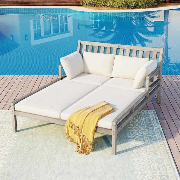 Harper & Bright Designs Gray Wood Outdoor Day Bed with Beige Neutral Cushions and Four Pillows