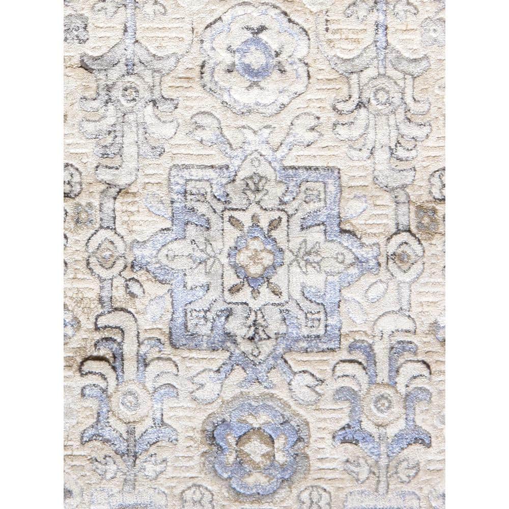 Beige and Blue 6' Square Stain-Resistant Synthetic Area Rug
